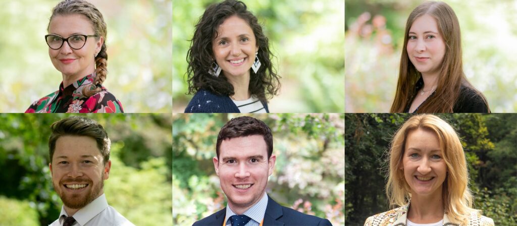 A collage of six people, three women in the top row and three people (two men, one woman) in the bottom row, all smiling and posed outdoors with blurred greenery in the background.