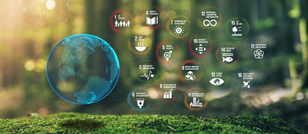 A digital globe floats above mossy ground in a forest. To the right, 17 colorful icons represent the United Nations Sustainable Development Goals, each with a number, symbol, and short title, set against a blurred green background.