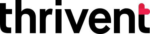 The word thrivent in bold black lowercase letters, with the “t” at the end featuring a red heart-shaped accent on its top right.