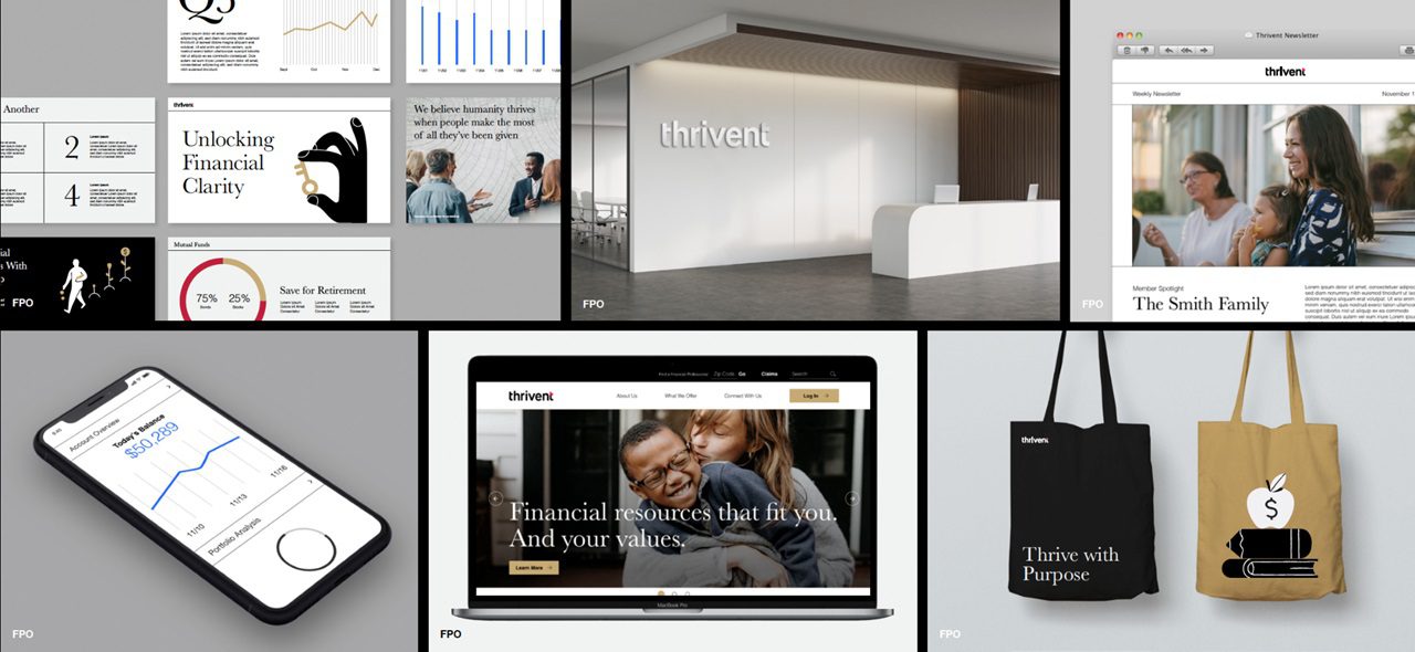A collage shows financial reports, a modern office lobby with a thrivent sign, a website on computer and phone screens, a family photo webpage, and tote bags with finance-related designs and the phrase Thrive with Purpose.