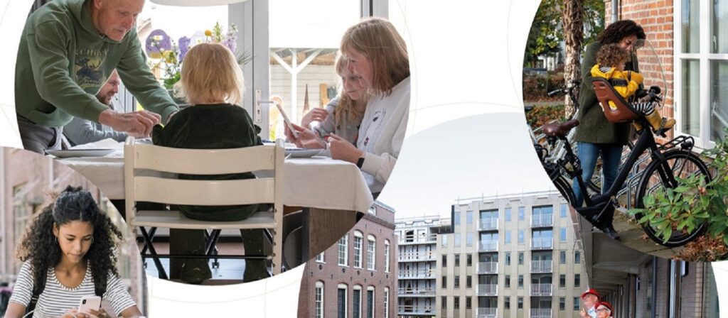 A collage showing a family dining together, a woman putting a child in a bike seat, a young woman using a tablet outdoors, a city apartment building, and a child on a scooter wearing a helmet.