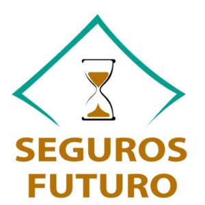 Logo with a teal outlined diamond shape, an hourglass in the center, and the words SEGUROS FUTURO in bold gold letters below.