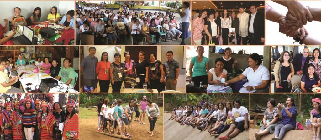 A collage of diverse groups of people in various settings, including meetings, outdoor activities, group photos, and a close-up of hands joined together in unity and teamwork.