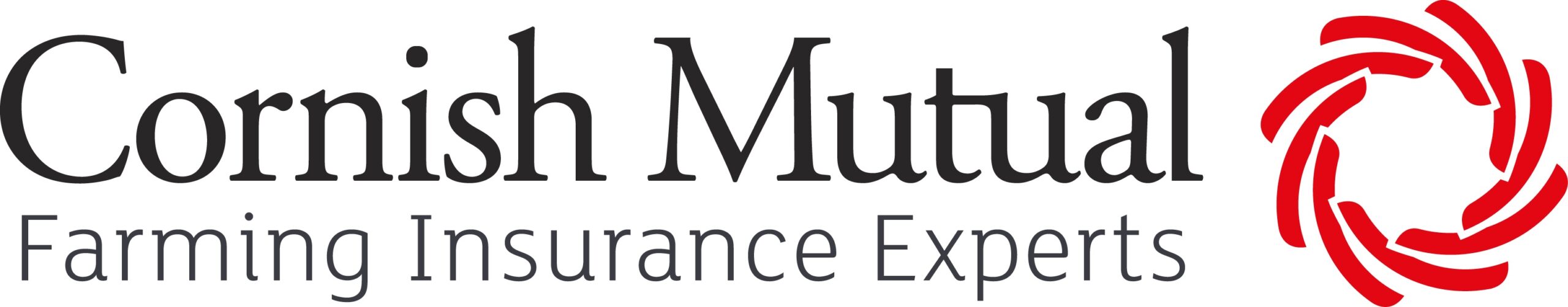 Cornish Mutual logo with the tagline Farming Insurance Experts in black text. A circular red graphic made of abstract shapes appears on the right.