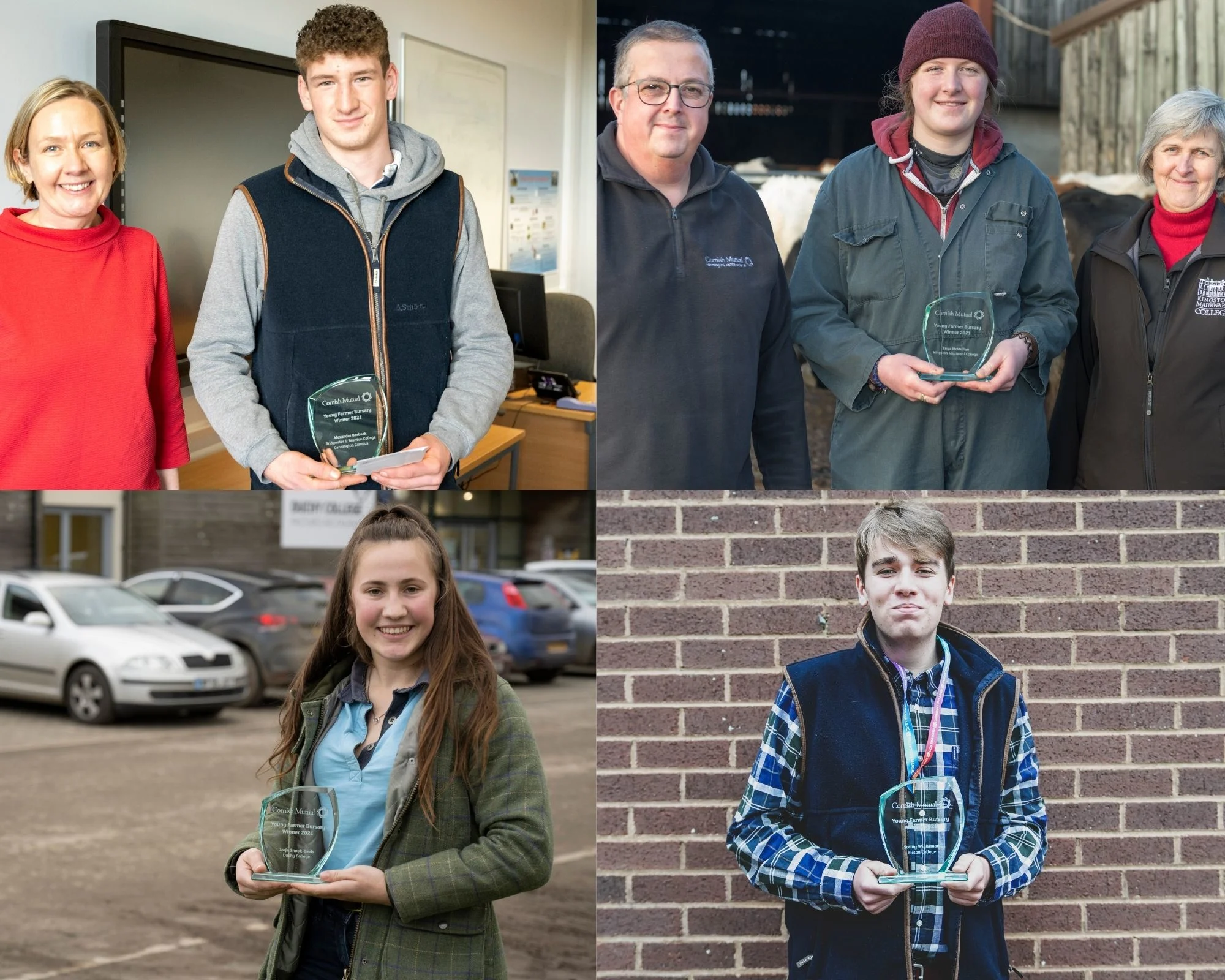 A collage of four photos showing young adults holding glass awards, each accompanied by an older adult. They are standing indoors, outdoors by vehicles, and on a farm, all smiling at the camera.