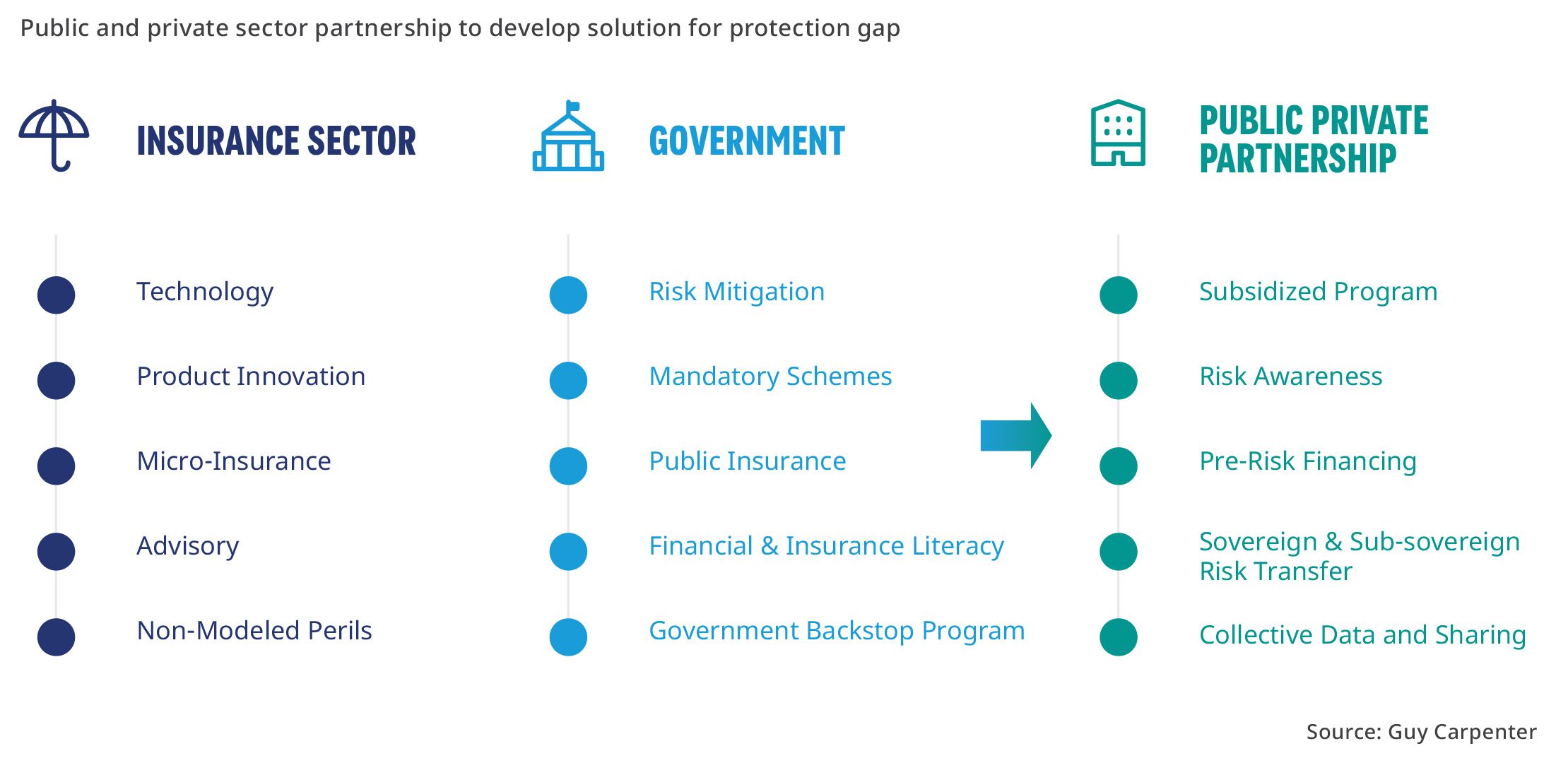 A flowchart showing roles of insurance sector, government, and public-private partnership in protection gap solutions. Categories include technology, risk mitigation, public insurance, and subsidized programs.