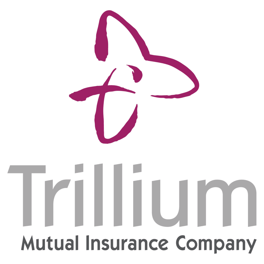 Logo for Trillium Mutual Insurance Company. It features a abstract maroon trillium flower above the company name, with Trillium in large gray letters and Mutual Insurance Company in smaller gray letters below.