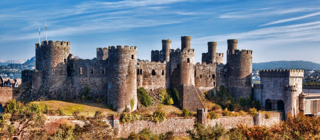 A large medieval stone castle with round towers and crenelated walls, surrounded by greenery under a blue sky with wispy clouds.