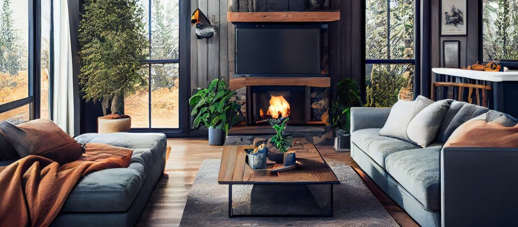 A cozy living room with large windows, a lit fireplace under a mounted TV, two sofas with throw pillows, a wooden coffee table with plants, and forest views outside.