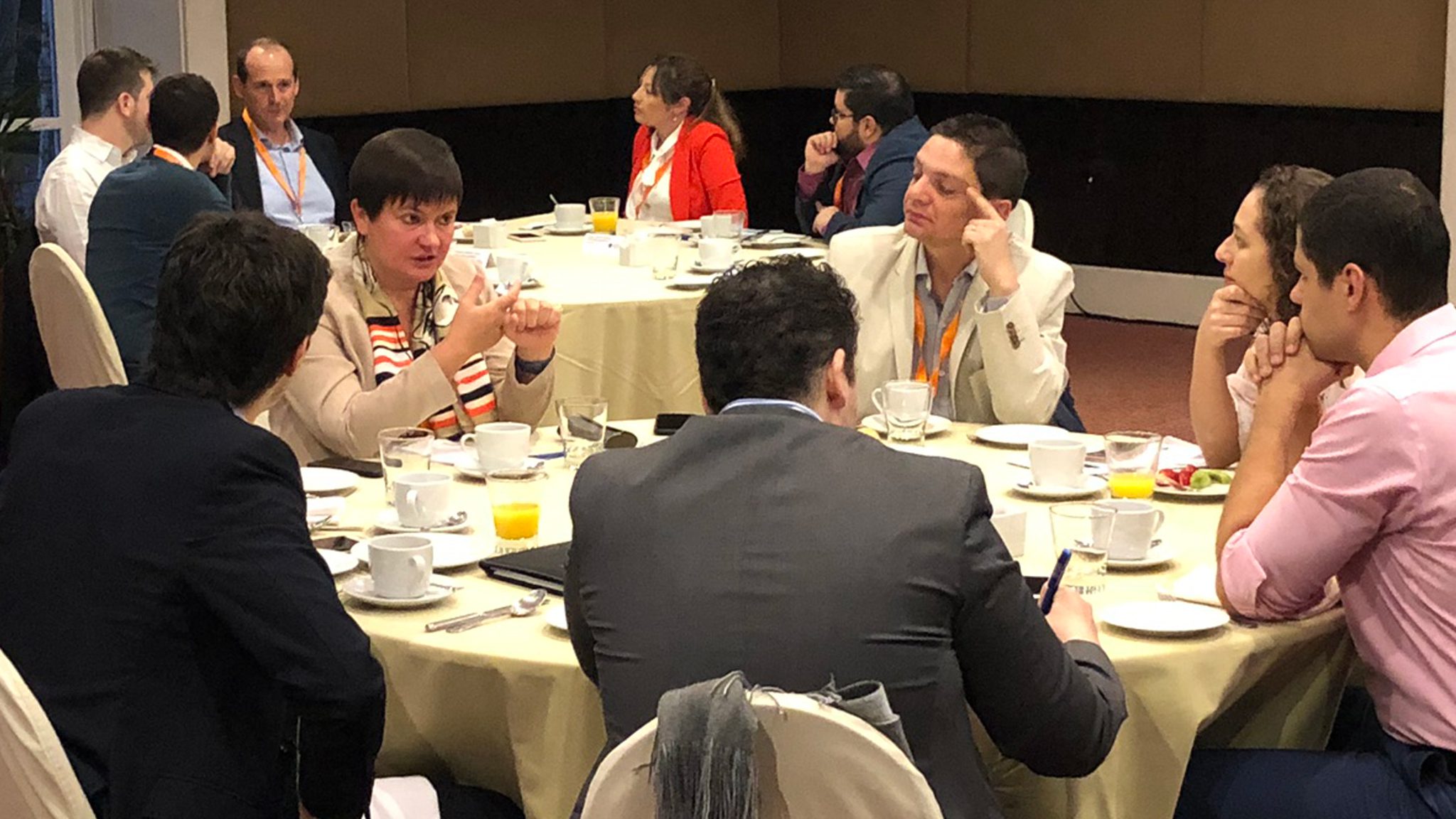 A group of people in business attire sit around a round table, engaged in discussion during a meal. The table is set with plates, cups, and drinks. Some participants are gesturing and listening attentively.