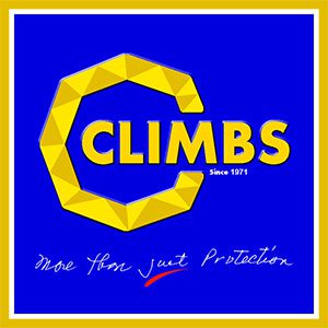 Logo with a yellow geometric C and the word CLIMBS in bold yellow letters on a blue background. Below it says Since 1971 and More Than Just Protection in white cursive text.