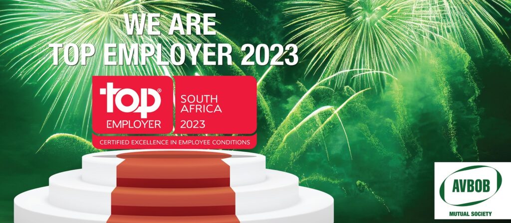 A stage with a Top Employer South Africa 2023 award sign, fireworks in the background, and the AVBOB logo in the corner. Text reads: We are Top Employer 2023.