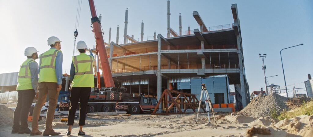 Four construction workers in safety vests and helmets observe a partially built multi-story building with exposed beams and a crane on a sunny day. Construction equipment and materials are visible around the site.
