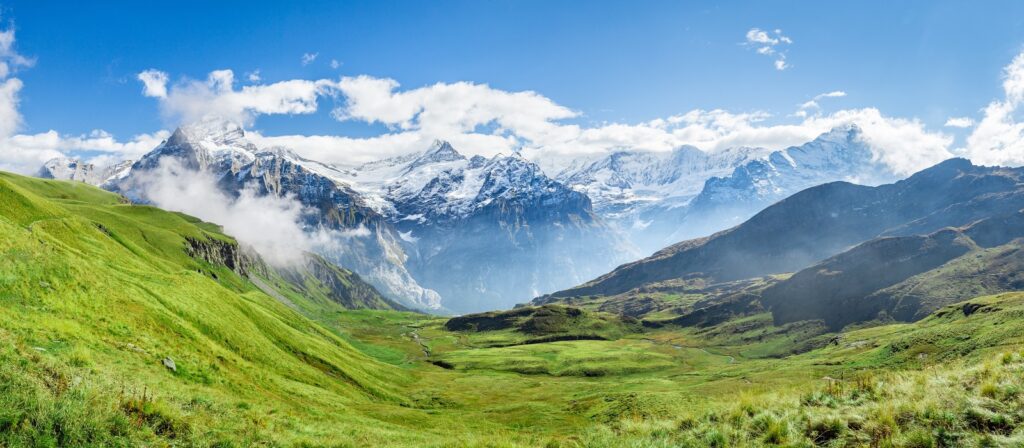 A panoramic view of green grassy hills leading to snow-capped mountains under a bright blue sky with scattered clouds.
