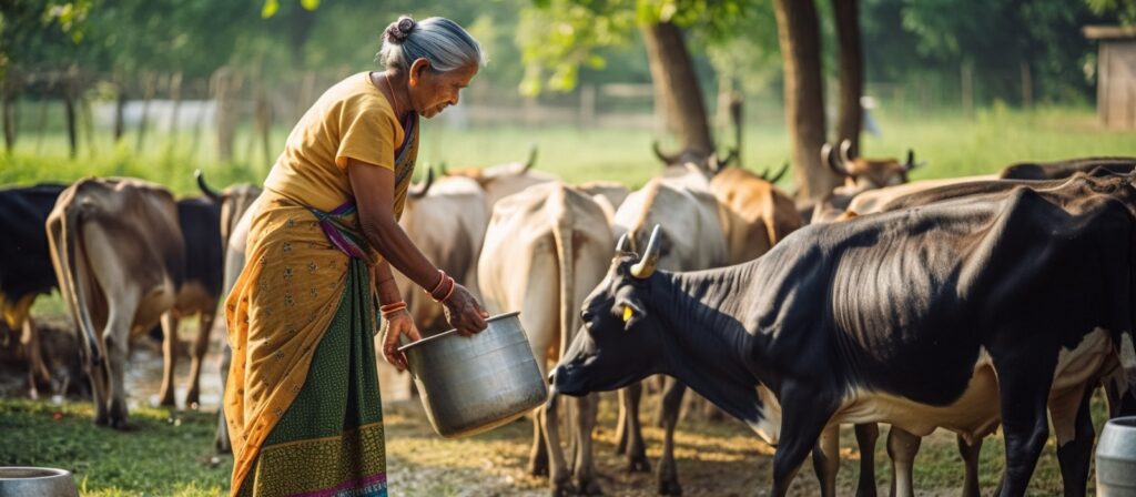 An elderly woman in a colorful sari pours feed from a metal pot for a group of cows in a sunlit, green rural setting with trees in the background.