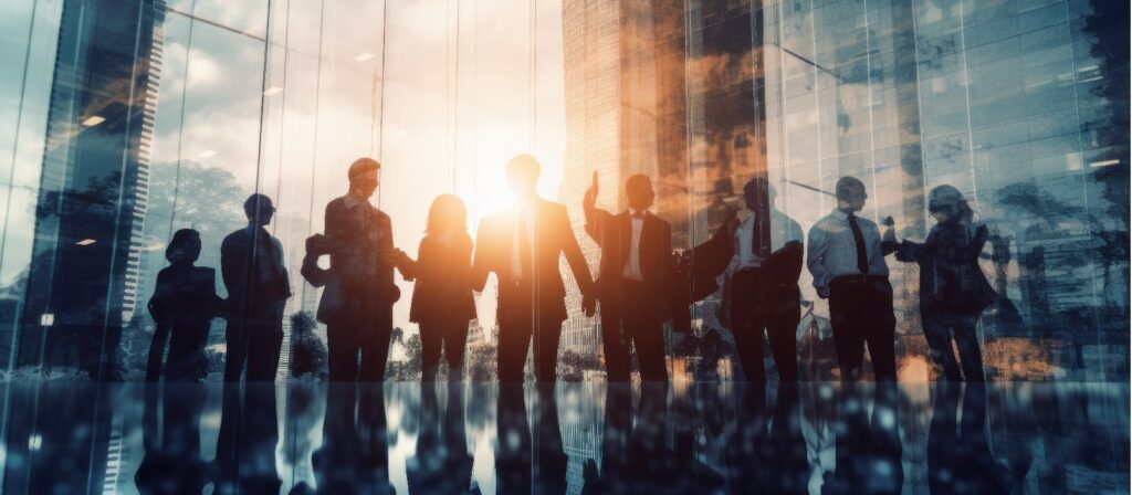A group of business people stand in a modern office building with large glass windows, silhouetted against a bright sunrise or sunset outside, reflecting on the shiny floor.