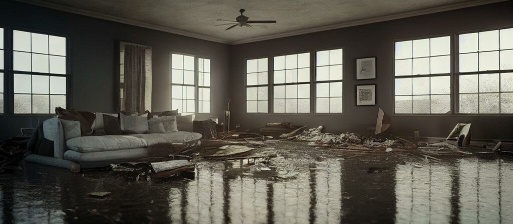 A modern living room with large windows is flooded, with water covering the floor. Furniture is damaged and debris is scattered throughout the room, creating a scene of significant water damage.