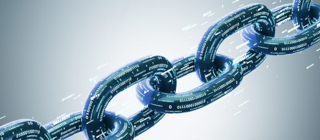 A digital illustration of a metallic chain with links covered in binary code, symbolizing blockchain technology and digital security, on a light gradient background.