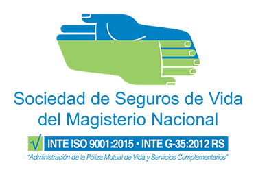 Logo of the Sociedad de Seguros de Vida del Magisterio Nacional with two stylized hands in blue and green. Text includes ISO 9001:2015 certification and policy administration details.