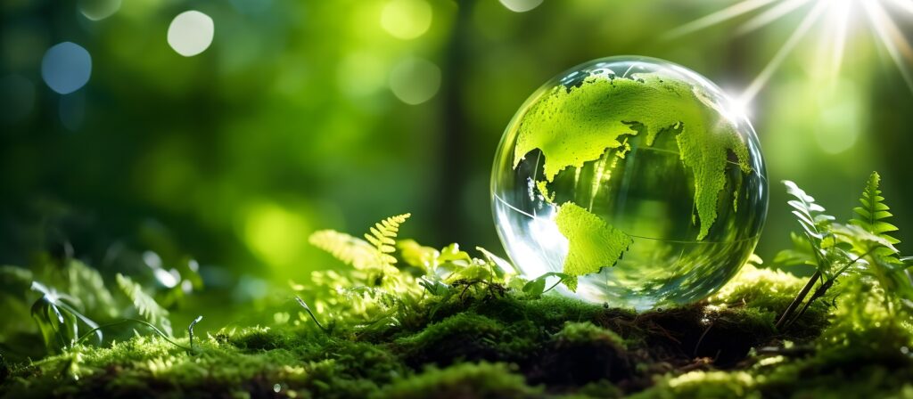 A glass globe rests on vibrant green moss and ferns in a sunlit forest, symbolizing environmental protection and nature conservation. Sunlight streams in, creating a fresh, eco-friendly atmosphere.