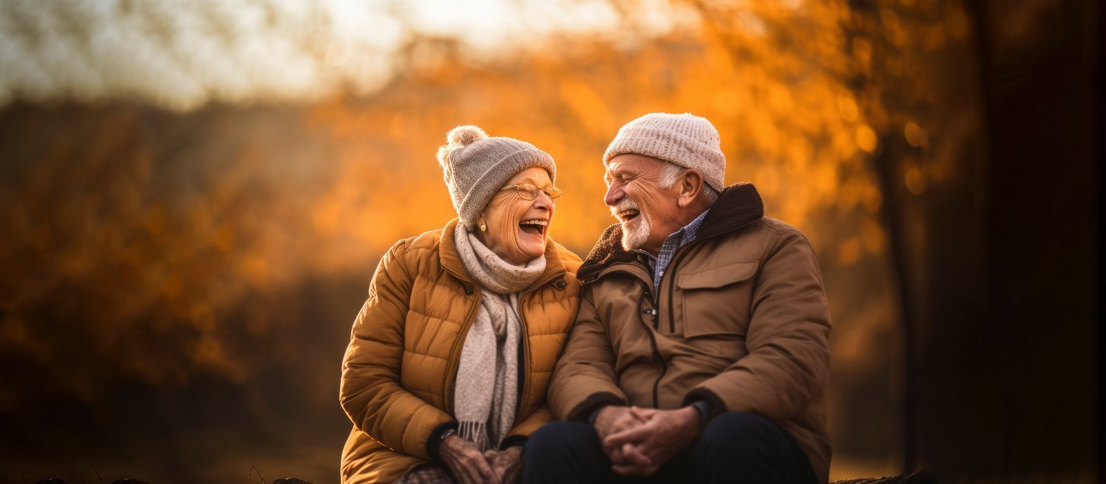 An elderly couple wearing warm jackets, hats, and scarves sits outdoors, laughing together on a bench with golden autumn leaves blurred in the background.