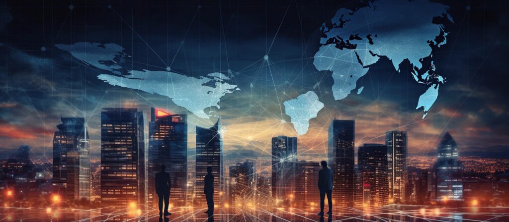 Four silhouetted figures stand before a city skyline at dusk, with illuminated skyscrapers. Above them is a digital overlay of the world map and interconnected network lines, symbolizing global connectivity and technology.