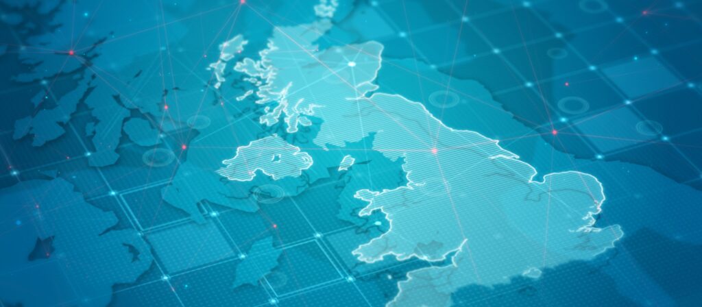 A digital, blue-toned map showing the United Kingdom and Ireland, overlaid with glowing lines, nodes, and a network grid, suggesting connectivity or technology themes.
