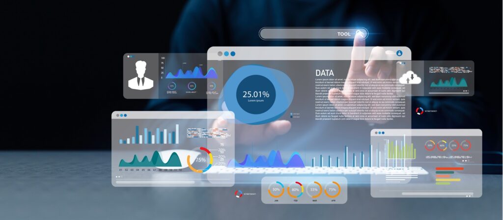 A person touches a virtual screen displaying various data visualizations, charts, and graphs, with a glowing keyboard below, suggesting advanced analytics and digital technology.