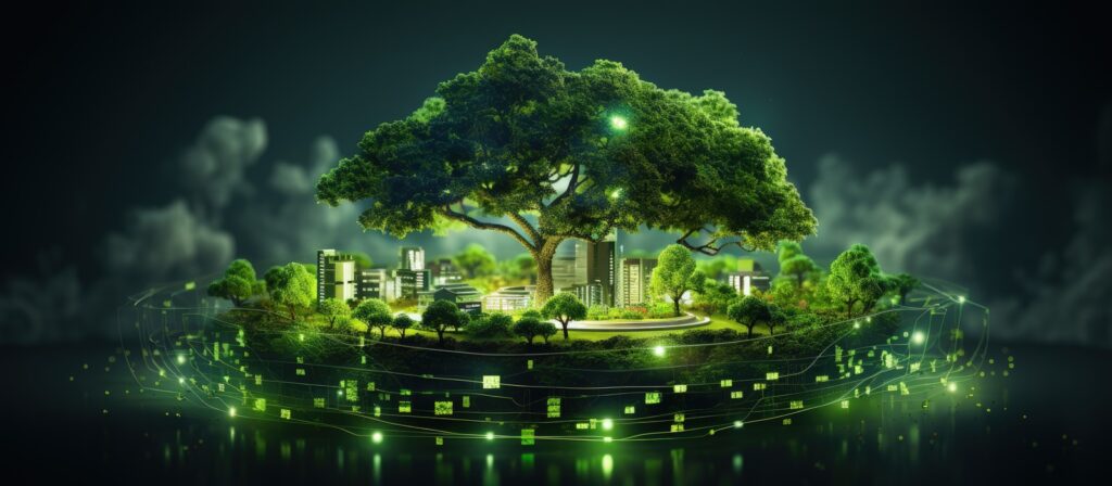 A large tree towers over a modern, eco-friendly city surrounded by greenery, with glowing digital lines encircling the scene, symbolizing harmony between technology and nature.