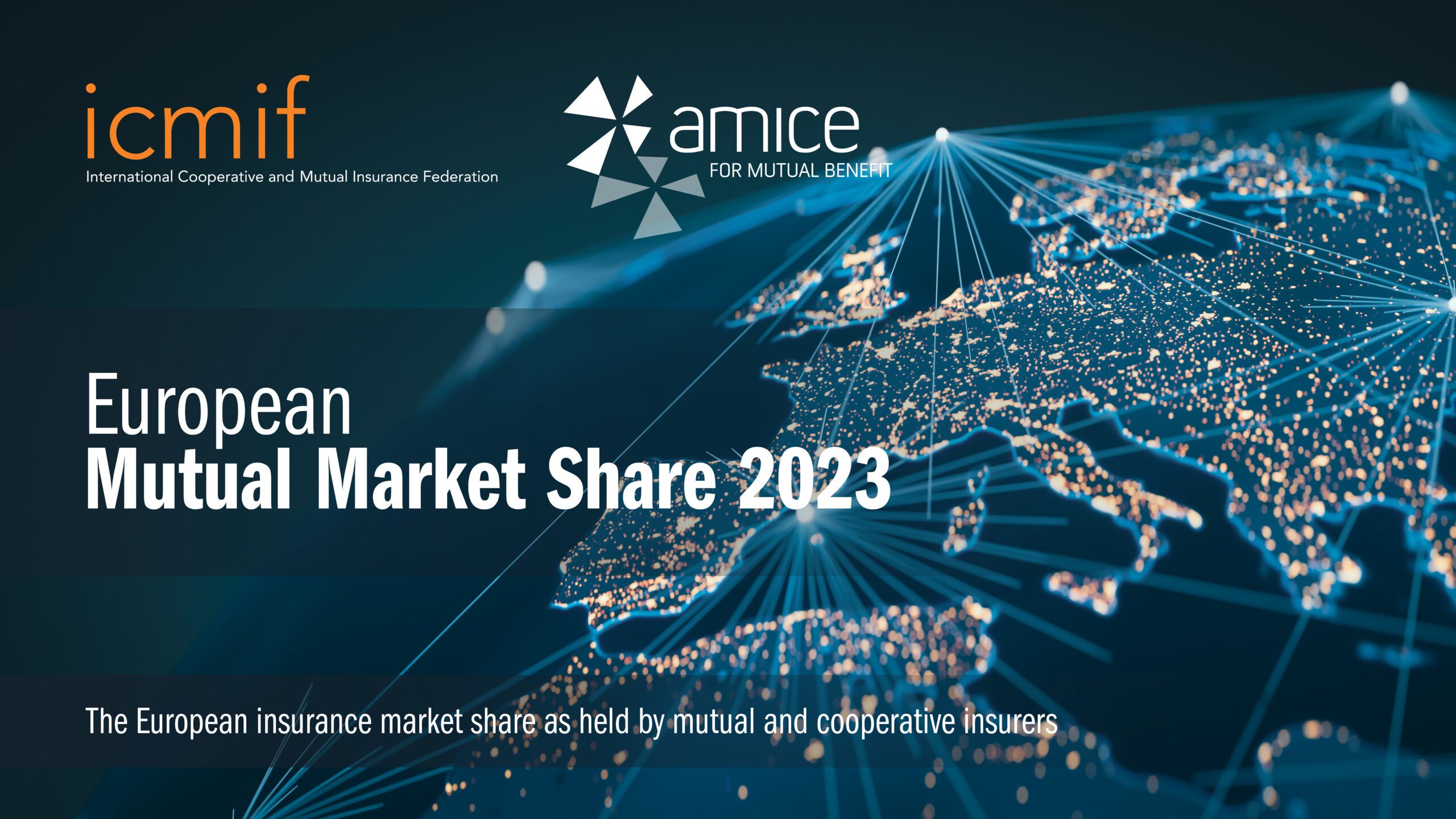 A digital graphic for European Mutual Market Share 2023 by ICMIF and AMICE, featuring a networked map of Europe and text about the European insurance market share of mutual and cooperative insurers.