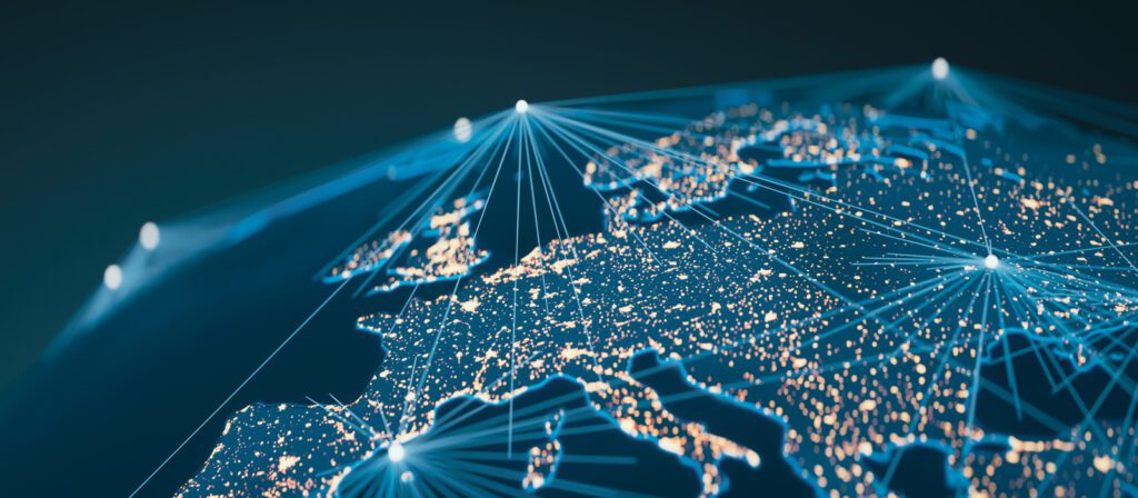 A digital illustration of Europe at night, showing glowing city lights connected by bright lines, representing global communication and data networks across the continent.