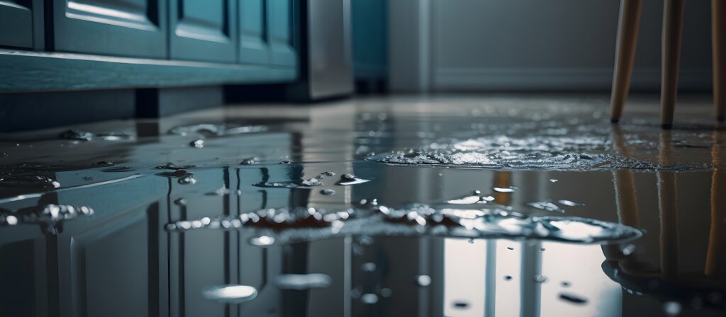 Water is pooling on a kitchen floor, reflecting the lower cabinets and furniture legs. The scene suggests a leak or spill, with puddles spreading across the shiny surface.