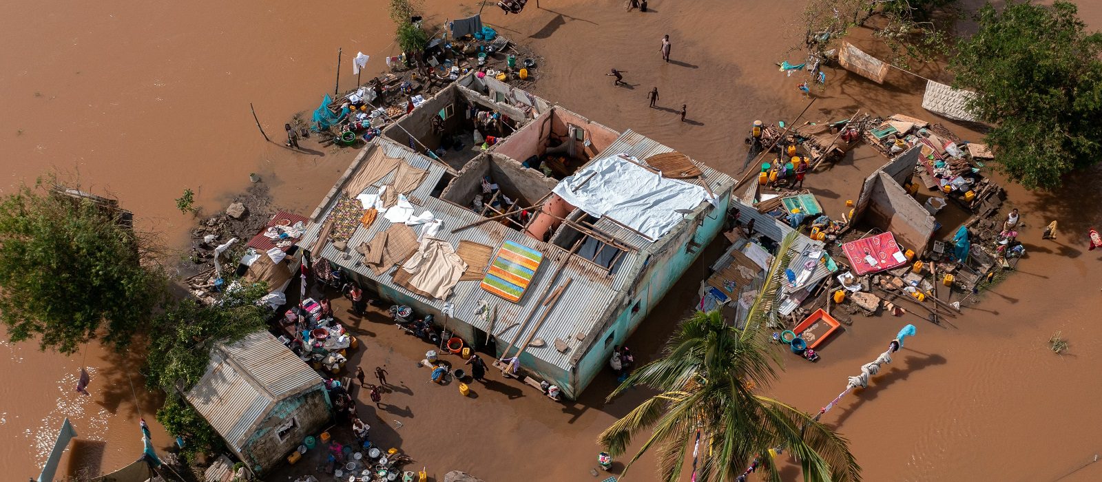 Aerial of the poor population of Africa living in old buildings during the flood