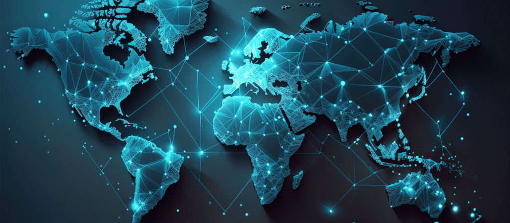 A glowing digital world map with blue lines and dots connecting various regions, representing a global network or connectivity across continents on a dark background.