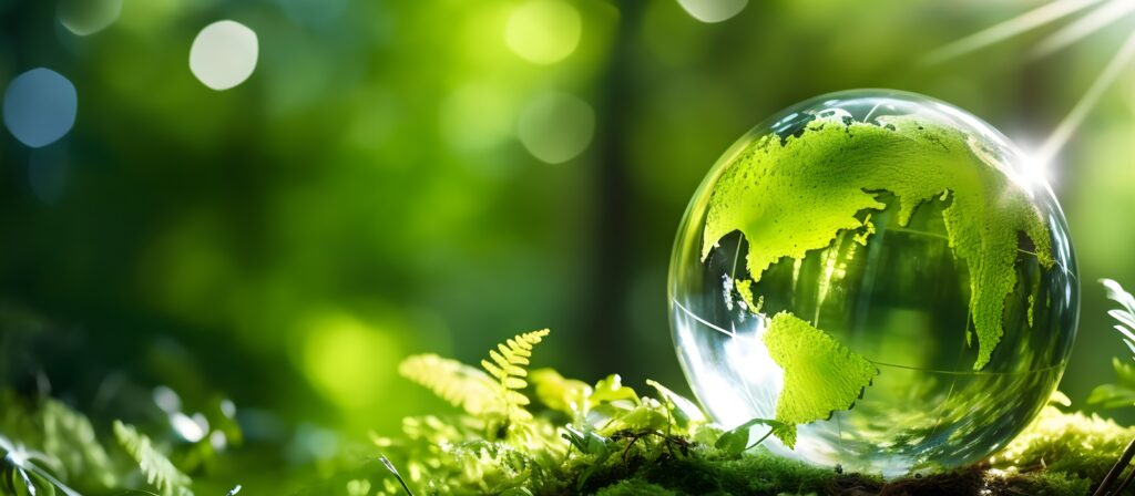 A glass globe with green continents rests on moss and ferns in a sunlit forest, symbolizing environmental conservation and the connection between Earth and nature.