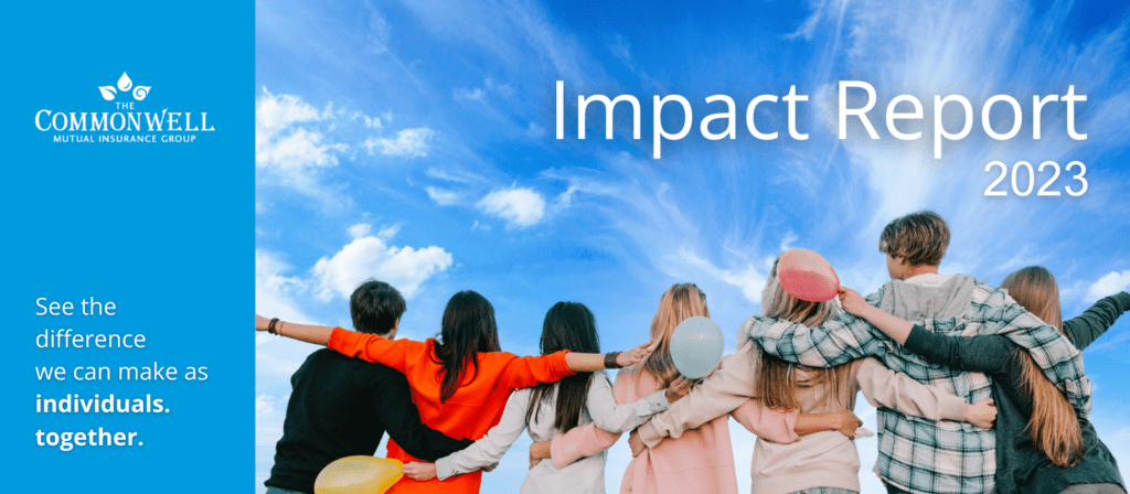 A group of people stand outdoors in a line with arms around each other, looking at a bright blue sky. Text reads Impact Report 2023 and See the difference we can make as individuals. together. The Commonwell logo appears at the top left.