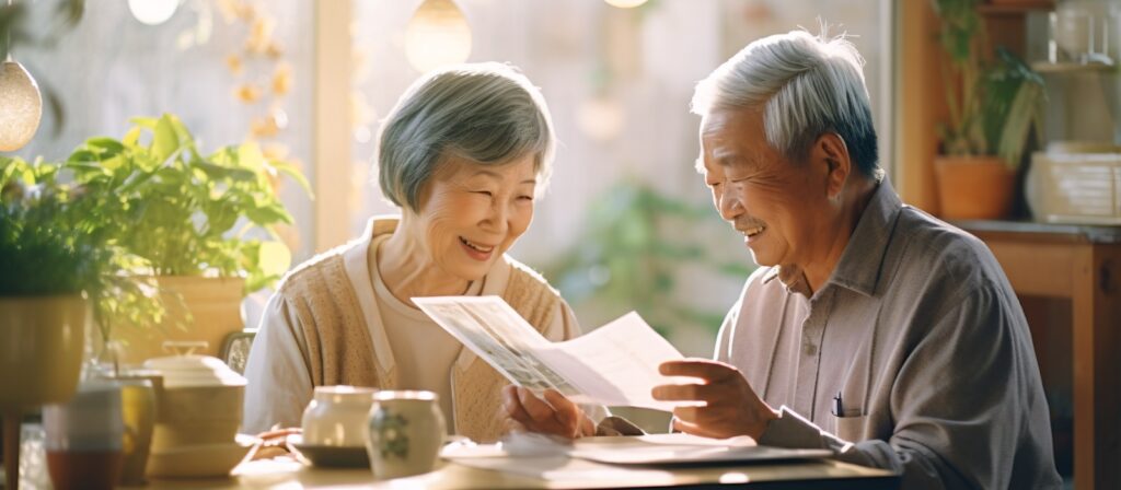 An elderly couple with gray hair sits at a sunlit table, smiling as they look at documents together. The background is warm and cozy, decorated with potted plants and soft lighting.