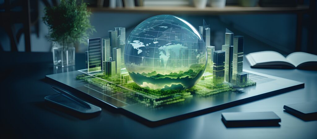 A digital rendering of a glass globe with world map, surrounded by futuristic city buildings and green spaces, sits on a tablet device on a table, representing sustainability and modern technology.
