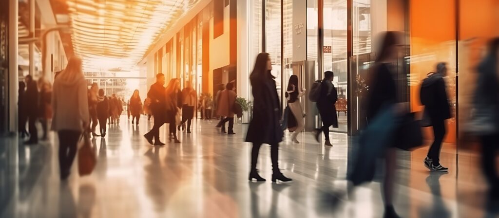 People walk through a bright, modern indoor shopping mall with glass storefronts and warm lighting, creating a lively and bustling atmosphere. Some figures are blurred, suggesting movement.