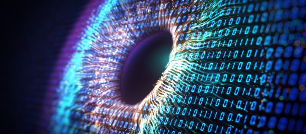 A digital illustration of an eye formed by vibrant lines and binary code, with glowing blue and purple colors radiating from the pupil, symbolizing artificial intelligence and digital technology.