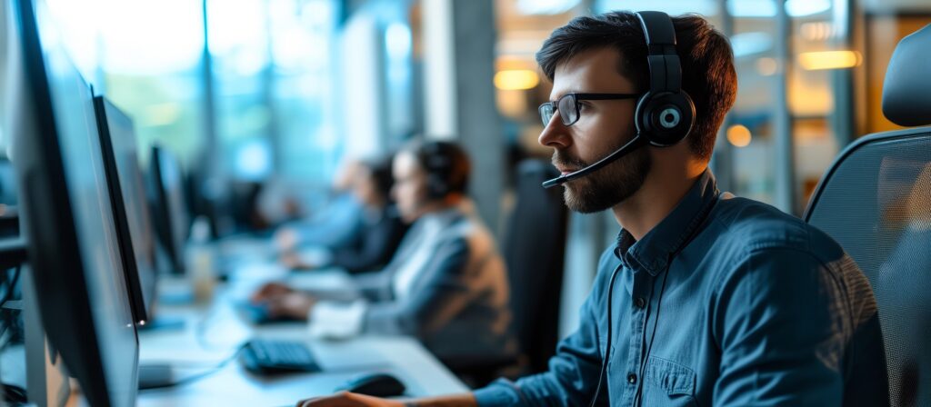 A man wearing glasses and a headset works on a computer in a modern office, with other people at desks in the background, suggesting a call center or customer support environment.