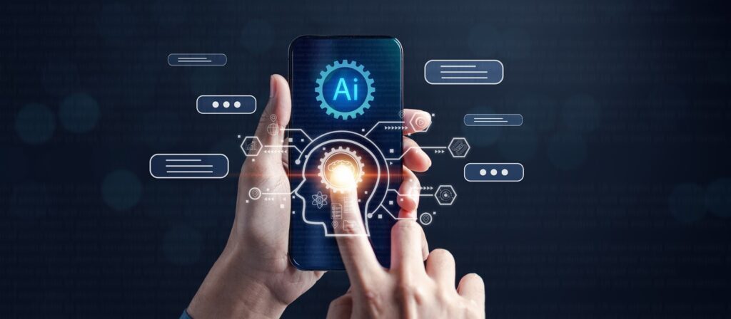 A person uses a smartphone displaying a glowing brain and AI icons, with digital graphics of gears and data symbols, representing artificial intelligence technology.