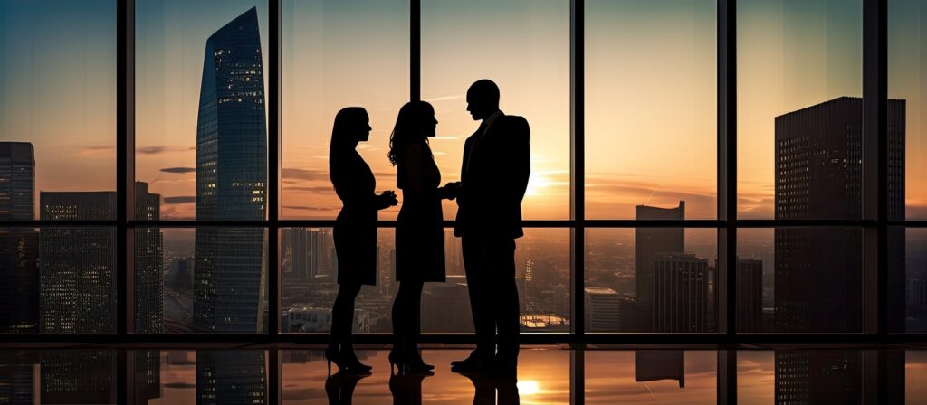 Three people stand and talk in front of large windows overlooking a city skyline at sunset, with tall buildings and skyscrapers visible in the background.