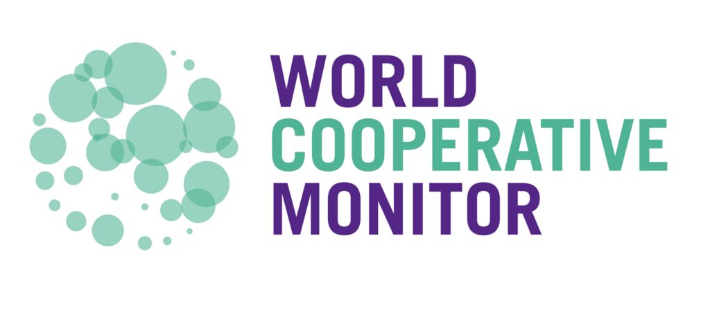 Logo with teal and purple bubbles on the left and the text World Cooperative Monitor in bold purple and teal letters on the right, set against a white background.