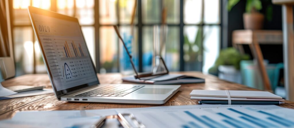A laptop displaying graphs and charts sits on a wooden desk with documents, notebooks, and glasses, in a bright office space with large windows and plants in the background.