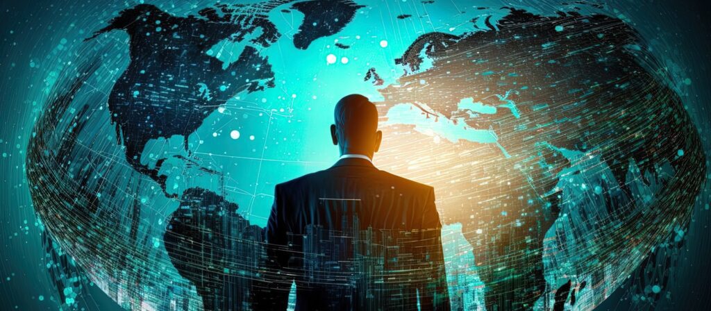 A person in a suit stands facing a large digital world map with glowing lines and data points, suggesting global connectivity and technological advancement.