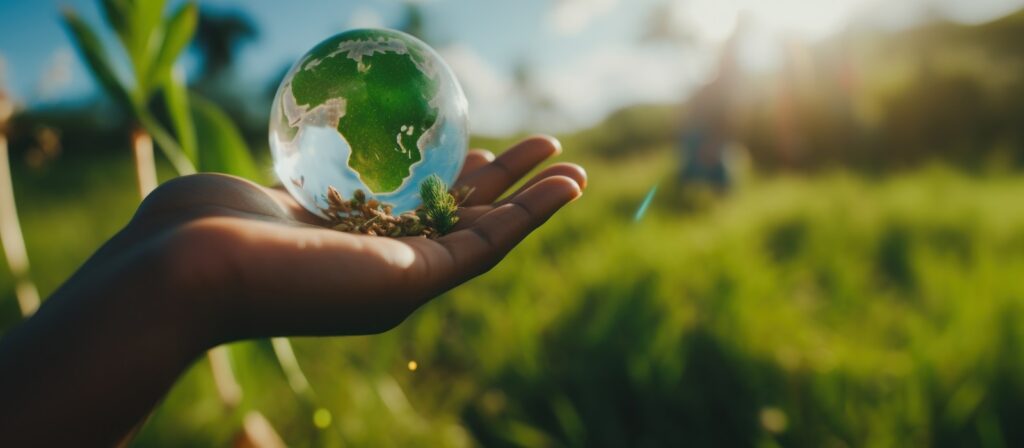 A hand holds a small glass globe showing Africa, with soil and plants in the palm, set against a blurred green outdoor background and sunlight.