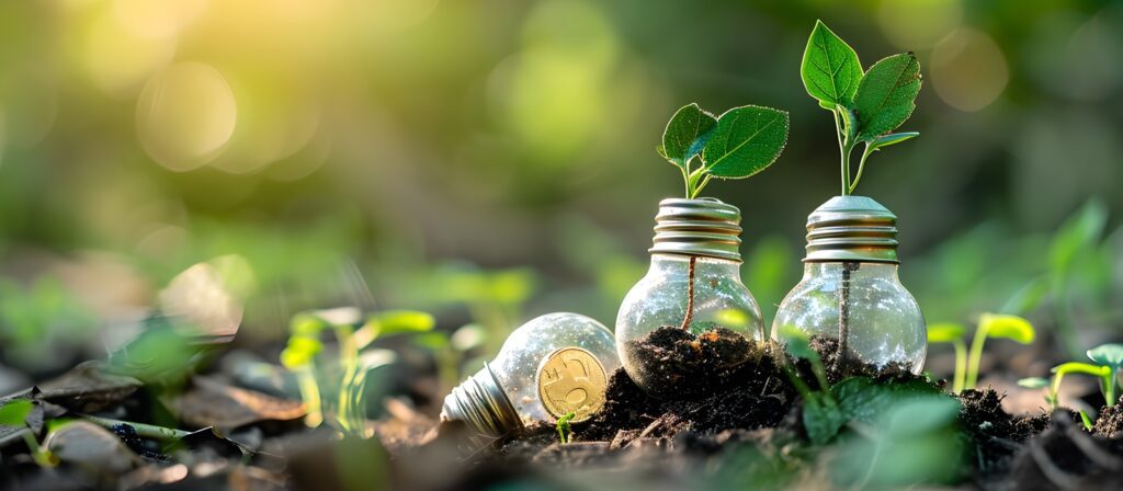 Three light bulbs filled with soil and sprouting green plants sit on the ground among small seedlings, symbolizing eco-friendly energy and sustainability, with sunlight streaming in the background.