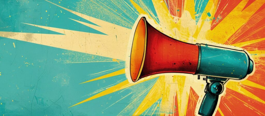 A colorful, retro-style illustration of a megaphone projecting sound waves, surrounded by vibrant bursts of red, yellow, and blue, symbolizing communication or making an announcement.