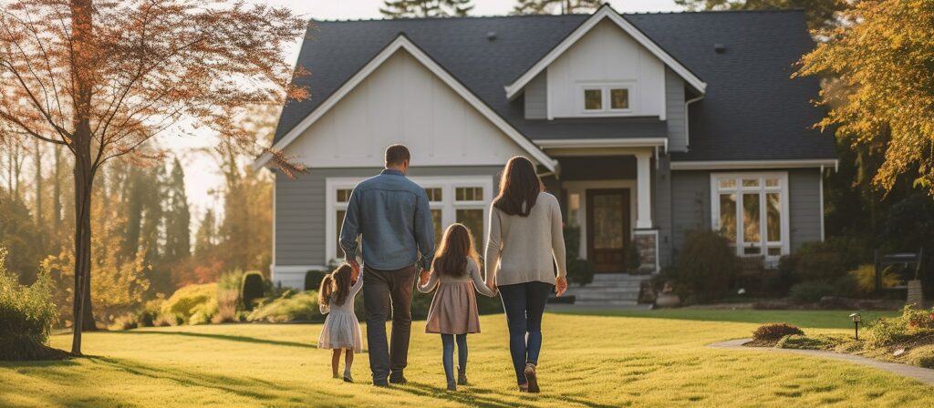 A family of four, two adults and two young children, walk hand-in-hand toward a gray house with white trim, surrounded by a green lawn and autumn trees in warm sunlight.